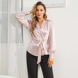 Pure Silk Blouse For Womens 22MM Silk Shirts Silk Long Sleeves Top With A Belt - slipintosoft