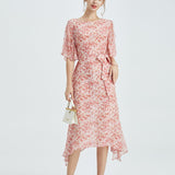 Womens Silk Chiffon Midi Dress Ruffle Sleeves Floral Silk Dress Waist Tie