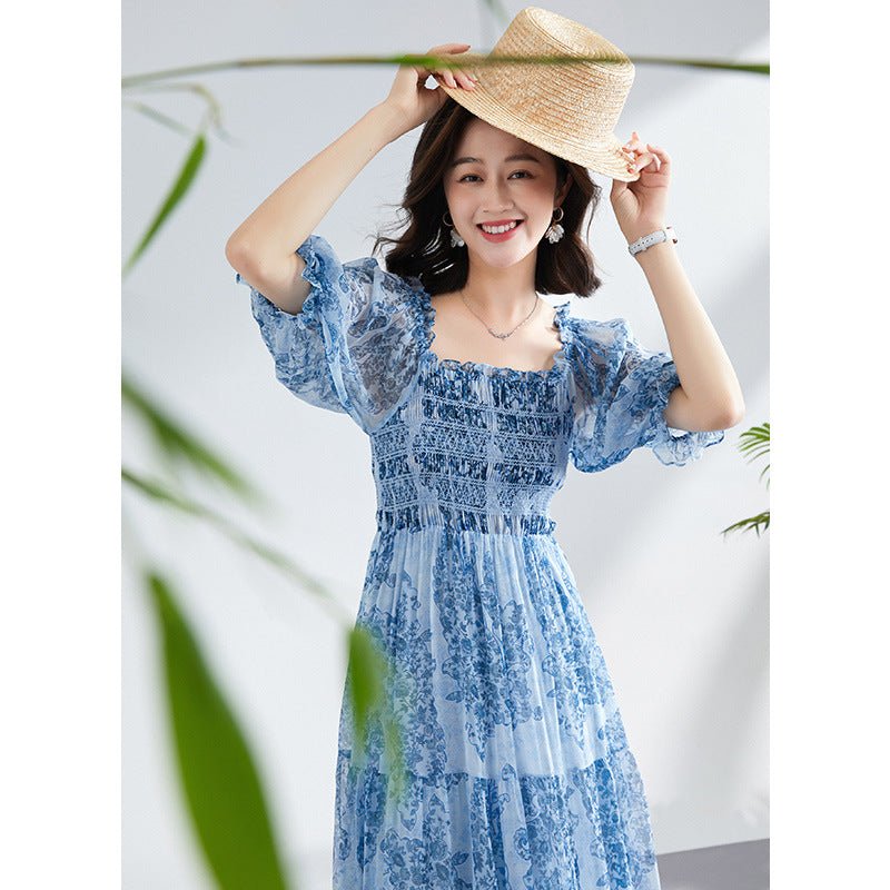 Womens Silk Chiffon Midi Dress Smocked Bodice Vintage Floral Blue Silk Dress