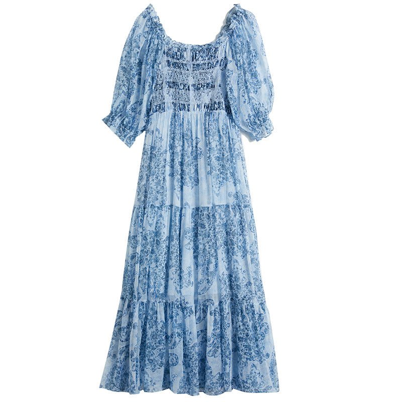 Womens Silk Chiffon Midi Dress Smocked Bodice Vintage Floral Blue Silk Dress