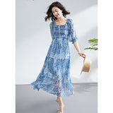Womens Silk Chiffon Midi Dress Smocked Bodice Vintage Floral Blue Silk Dress
