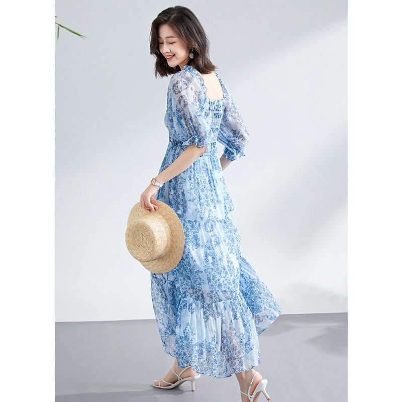 Womens Silk Chiffon Midi Dress Smocked Bodice Vintage Floral Blue Silk Dress