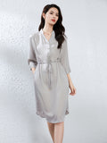 Womens Silk Dress Long Sleeve Silk Shirt Dress with Drawstring Waist Gray XS
