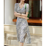 Womens Silk Floral Dress Silk Midi Dress V Neck Ruched Summer Dress White XS