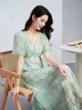 Womens Silk Floral Dress V Neck Silk Midi Dress Short Sleeve Flowing Skirt Green XS