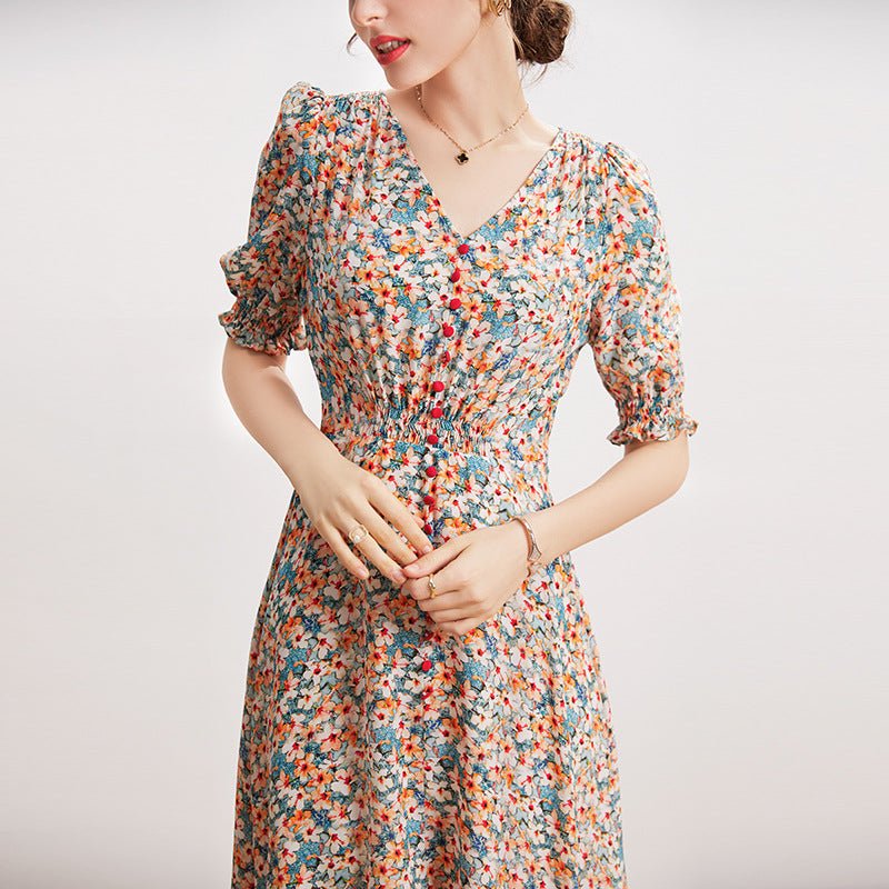 Womens Silk Floral Midi Dress Puff Sleeves Front Slit Silk Dress