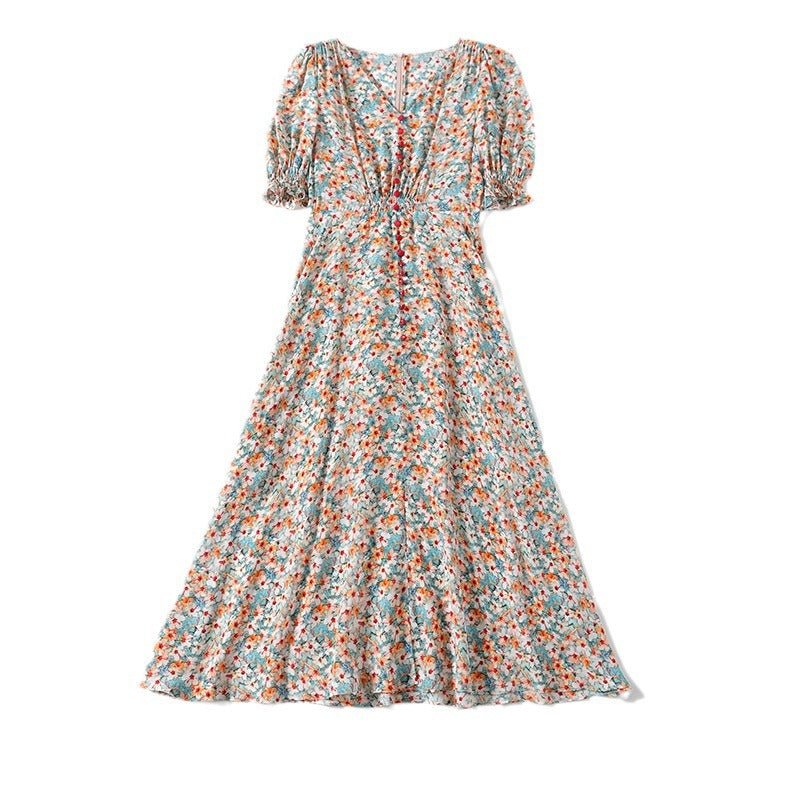 Womens Silk Floral Midi Dress Puff Sleeves Front Slit Silk Dress