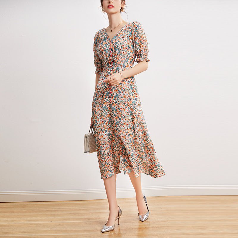 Womens Silk Floral Midi Dress Puff Sleeves Front Slit Silk Dress