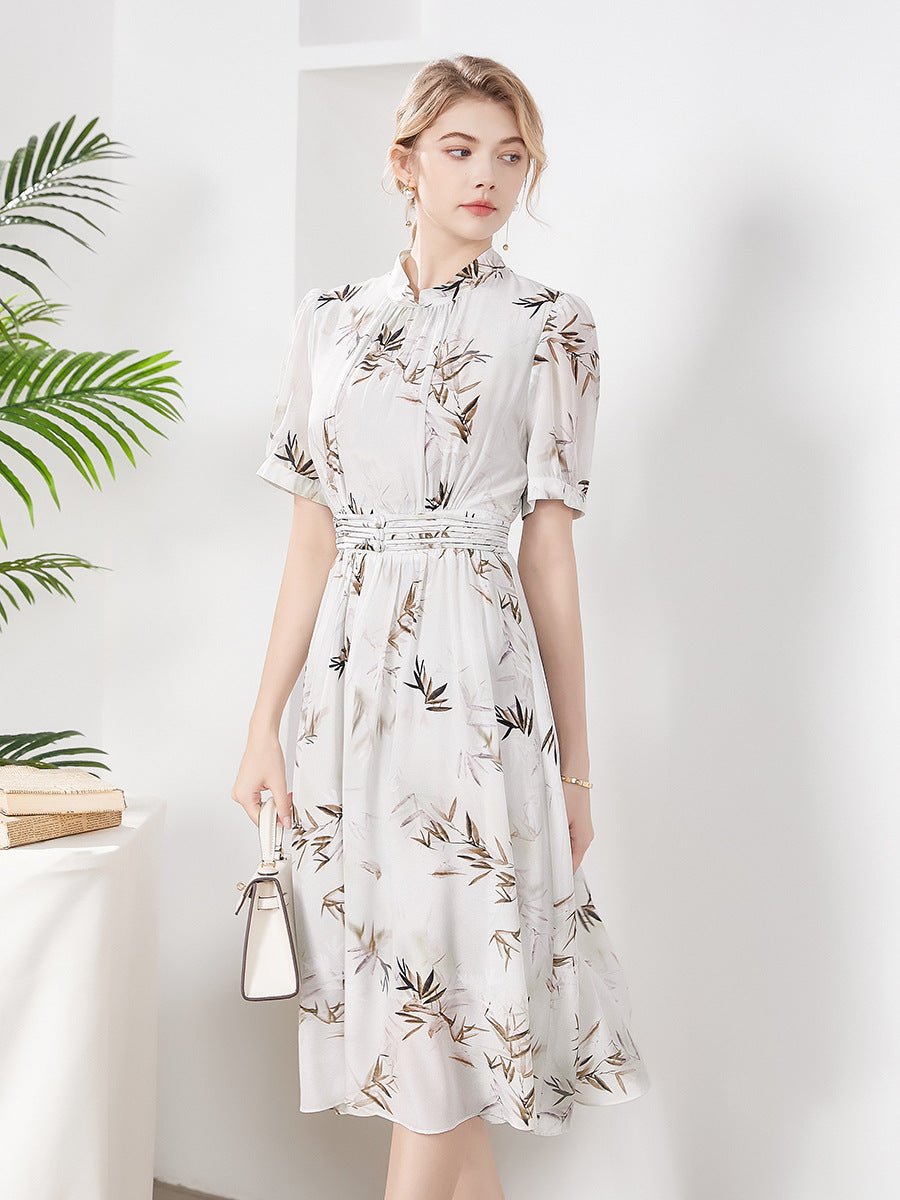Womens Silk Midi Dress Belted Waist Bamboo Leaf Printed Silk Dresses