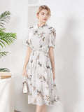 Womens Silk Midi Dress Belted Waist Bamboo Leaf Printed Silk Dresses