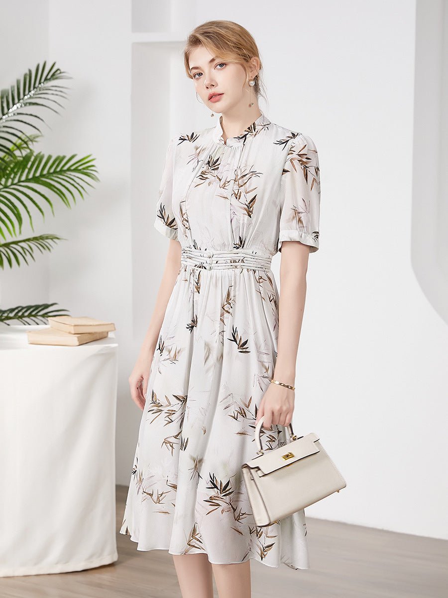 Womens Silk Midi Dress Belted Waist Bamboo Leaf Printed Silk Dresses