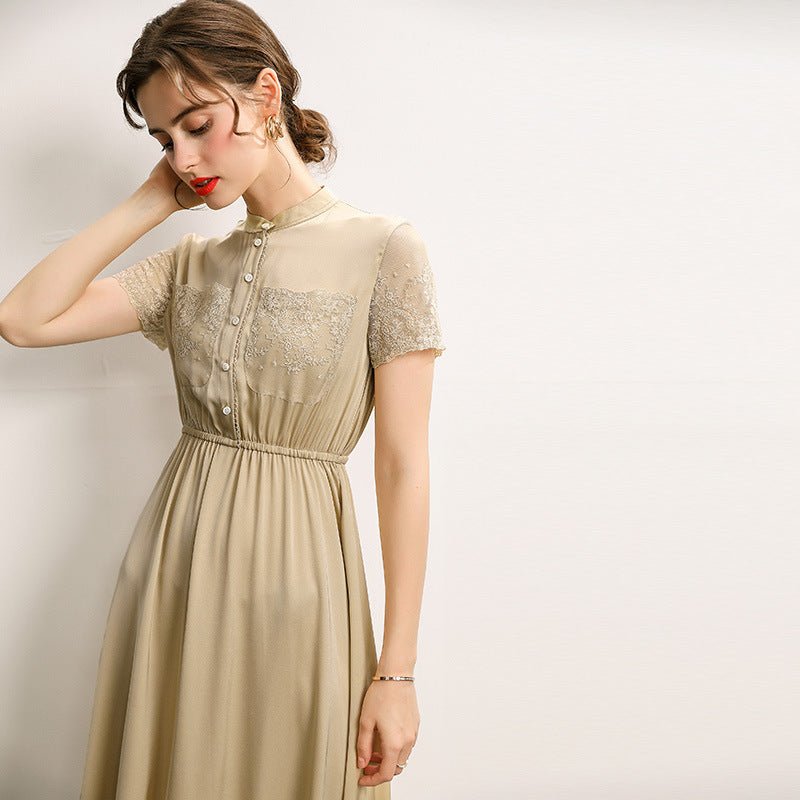 Womens Silk Midi Dress Lace Panel Bodice Short Silk Dress