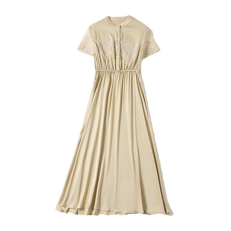 Womens Silk Midi Dress Lace Panel Bodice Short Silk Dress