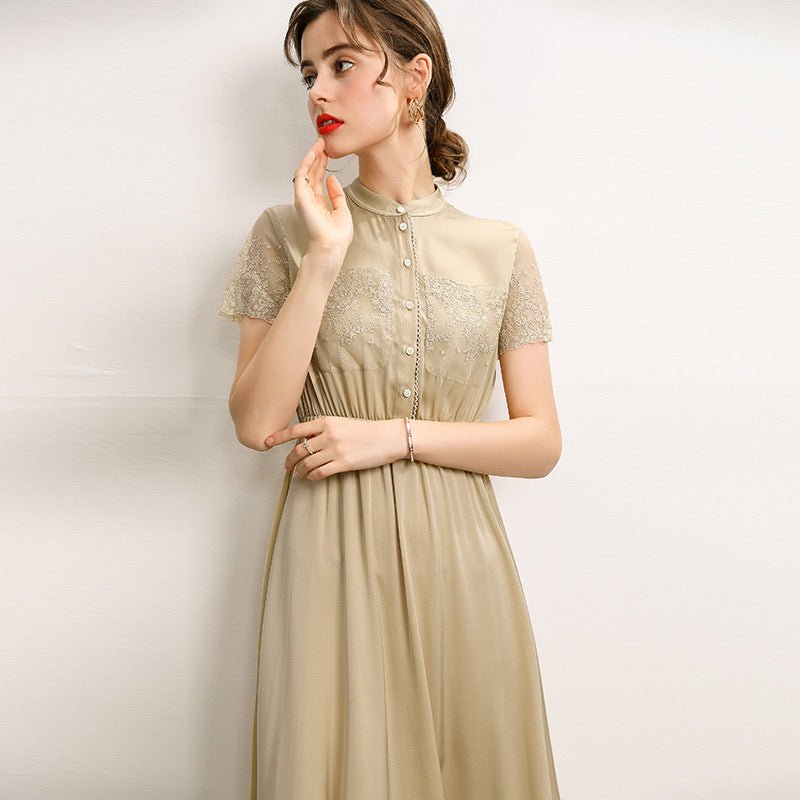 Womens Silk Midi Dress Lace Panel Bodice Short Silk Dress