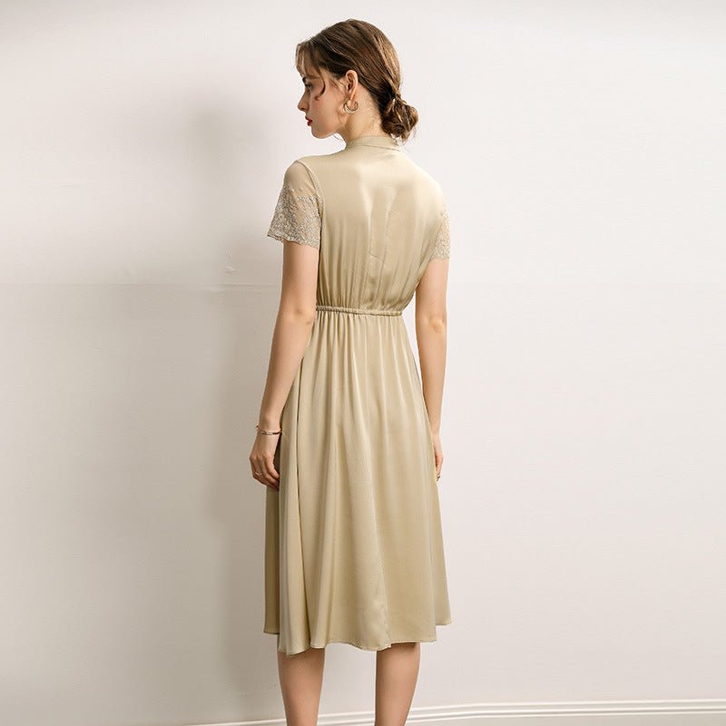 Womens Silk Midi Dress Lace Panel Bodice Short Silk Dress