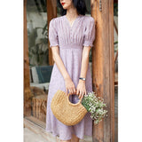 Womens Silk Midi Dress Smocked Waist Ruffled Sleeve Silk Dress