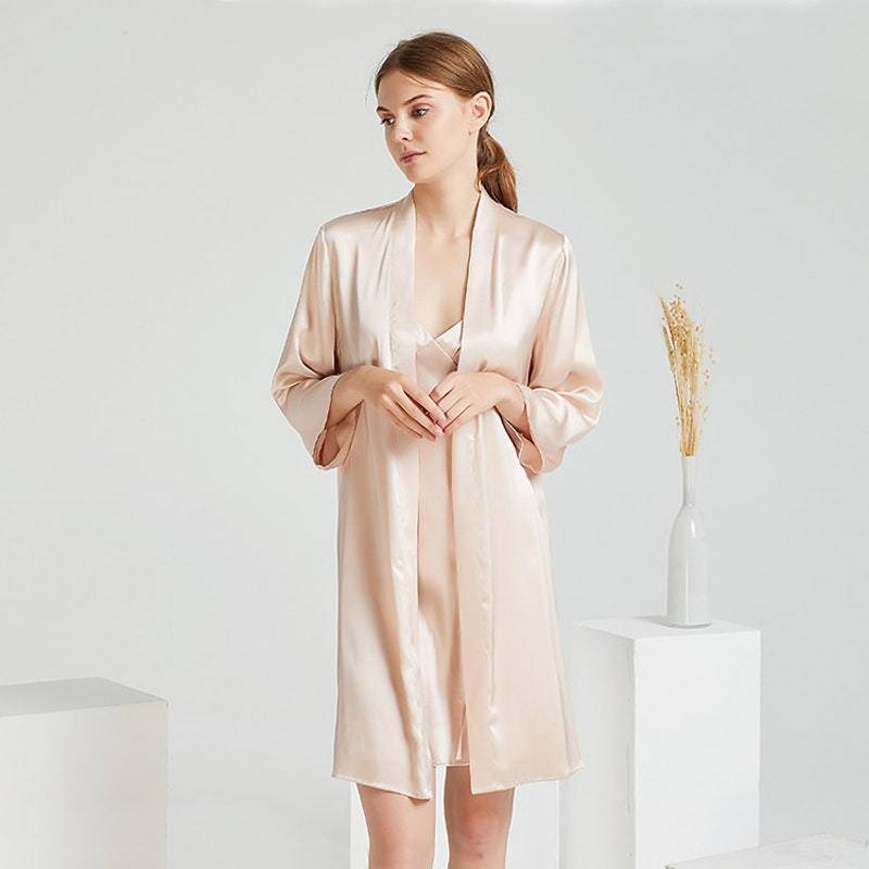 Women Silk Nightie And Robe Set Long Mulberry Silk Nightgown Set Silk Cami Night Dress - slipintosoft