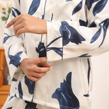 Women's Silk Pajamas Set Floral Print Button - Up Silk Sleepwear printed silk sleepwear