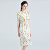 Womens Silk Shirt Dress with Button Front Drawstring Waist Floral Silk Dress