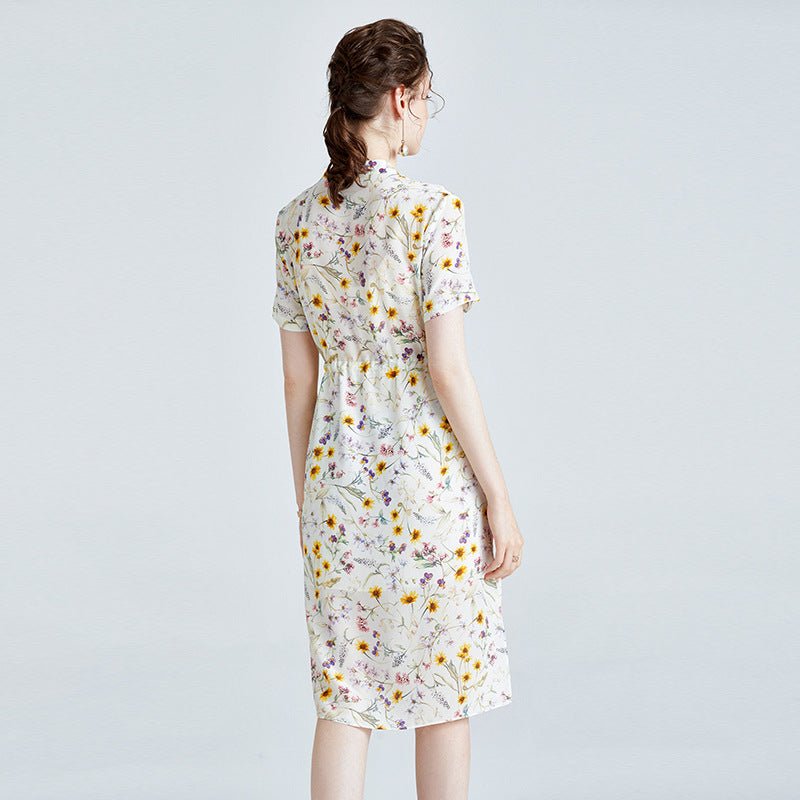 Womens Silk Shirt Dress with Button Front Drawstring Waist Floral Silk Dress
