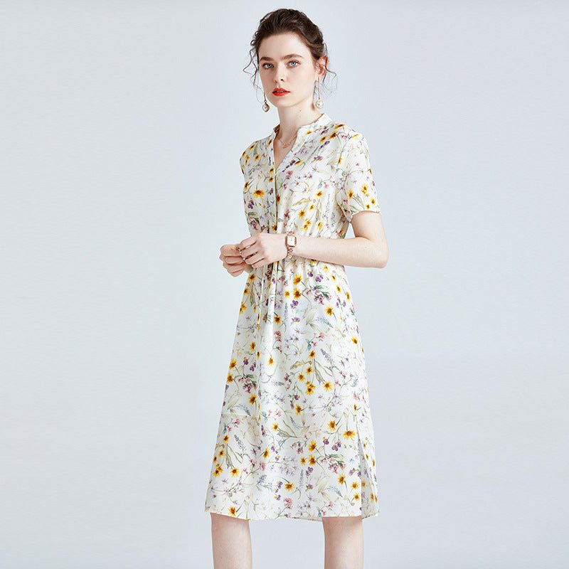 Womens Silk Shirt Dress with Button Front Drawstring Waist Floral Silk Dress