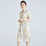 Womens Silk Shirt Dress with Button Front Drawstring Waist Floral Silk Dress