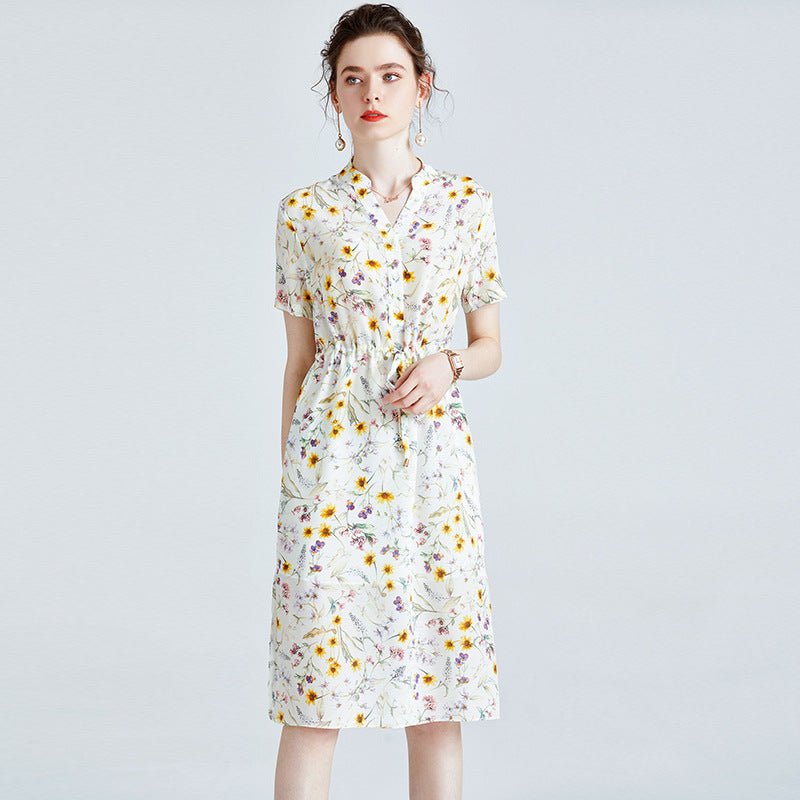 Womens Silk Shirt Dress with Button Front Drawstring Waist Floral Silk Dress