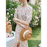 Womens Silk Wrap Midi Dress Puff Sleeve Front Slit Silk Dress