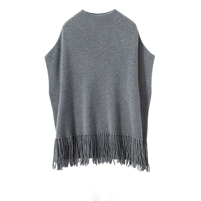 Women's Sleeveless Pure Cashmere Sweater Long Cashmere Shawl with Tassels One Size - slipintosoft