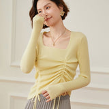 Womens Square Neck Cashmere Sweater Ruched Knit Cashmere Pullover Yellow XS