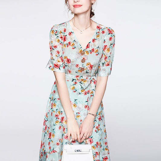 Spring New Women's Silk Floral Dress Pure 100% Pure Mulberry Silk Dresses - slipintosoft