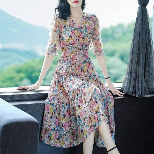 Women's Summer Silk Floral Print Dress V Neck Silk Casual Dresses