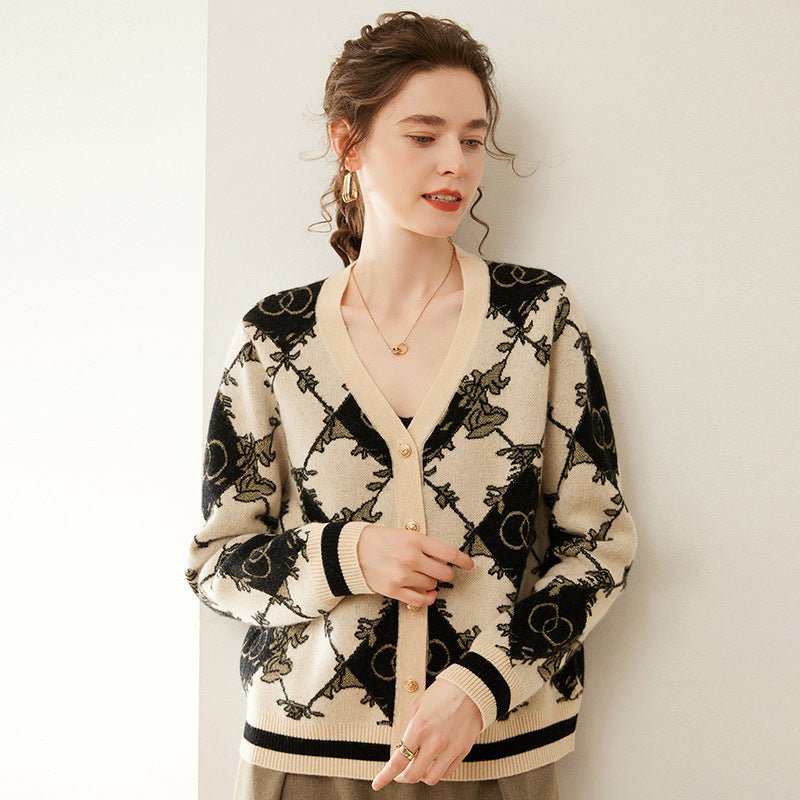 Womens Sweetheart Cashmere Cardigans Jacquard Button Down Cashmere Sweater Coat Wool Cashmere Sweater