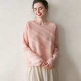 Womens Textured Cashmere Knit Sweater Crew Neck Long Sleeve Cashmere Pullover Pink XS