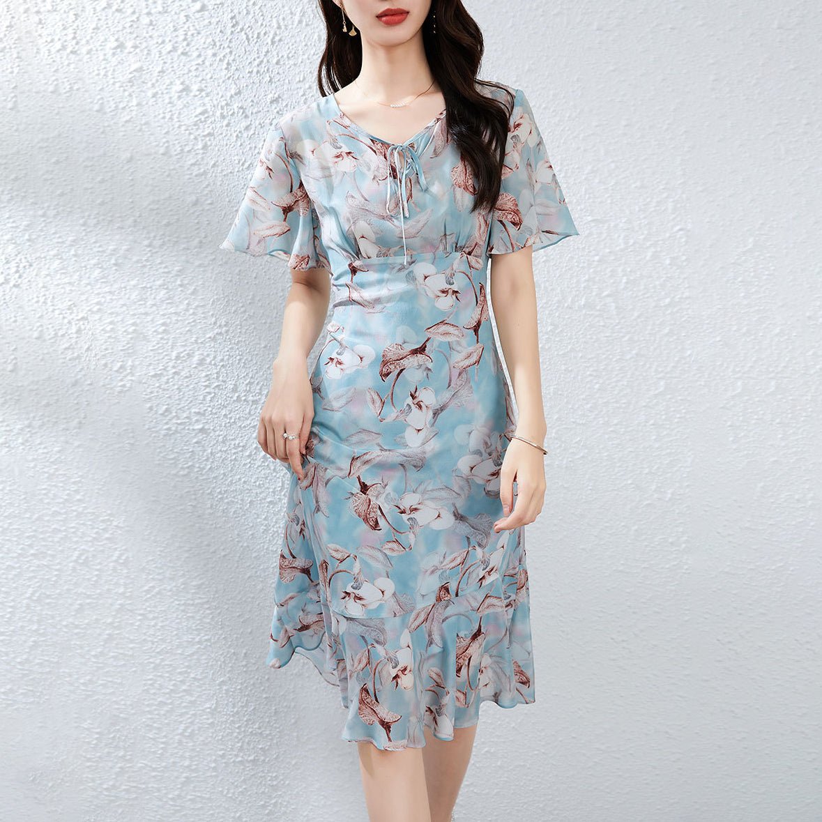 Womens Tie Neck Silk Floral Dress Silk Midi Dress with Flutter Sleeves Blue XS