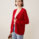 Women's V Neck Cashmere Cardigans Relaxed Fit Cable-Knitted Cashmere Sweater Coat - slipintosoft