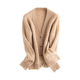 Women's V Neck Cashmere Cardigans Relaxed Fit Cable-Knitted Cashmere Sweater Coat - slipintosoft