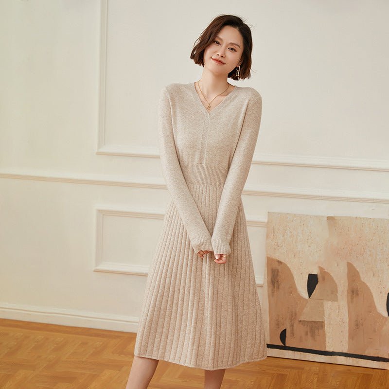 Women's V Neck Cashmere Dresses Knitted A Line Cashmere Dress - slipintosoft