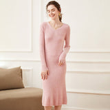 Women's V Neck Cashmere Dresses Rib-Knitted Cashmere Mermaid Dress - slipintosoft