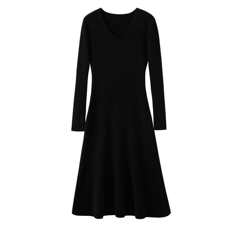 Robe midi en cachemire côtelé pour femme, col V, ourlet évasé, style sirène