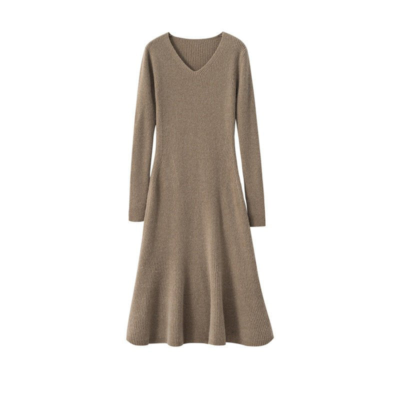 Robe midi en cachemire côtelé pour femme, col V, ourlet évasé, style sirène