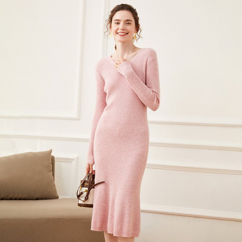 Womens Cashmere Ribbed Knit Midi Dress V Neck Flared Hem Mermaid Dress