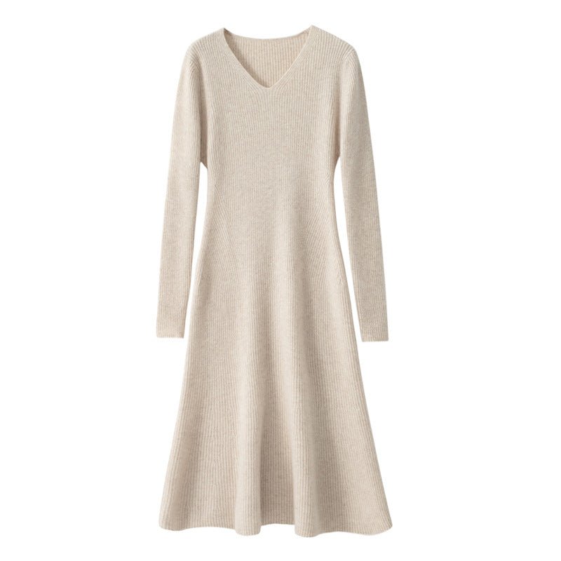 Women's V Neck Cashmere Dresses Rib-Knitted Cashmere Mermaid Dress - slipintosoft