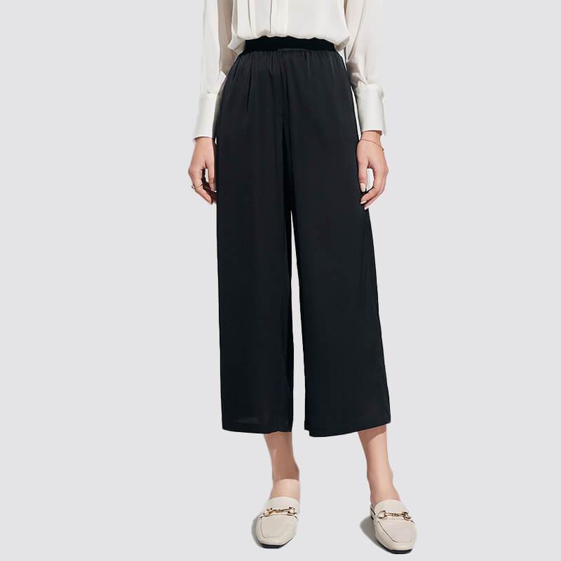 Women Mulberry Silk cropped pants Long Wide-leg Silk trousers - slipintosoft