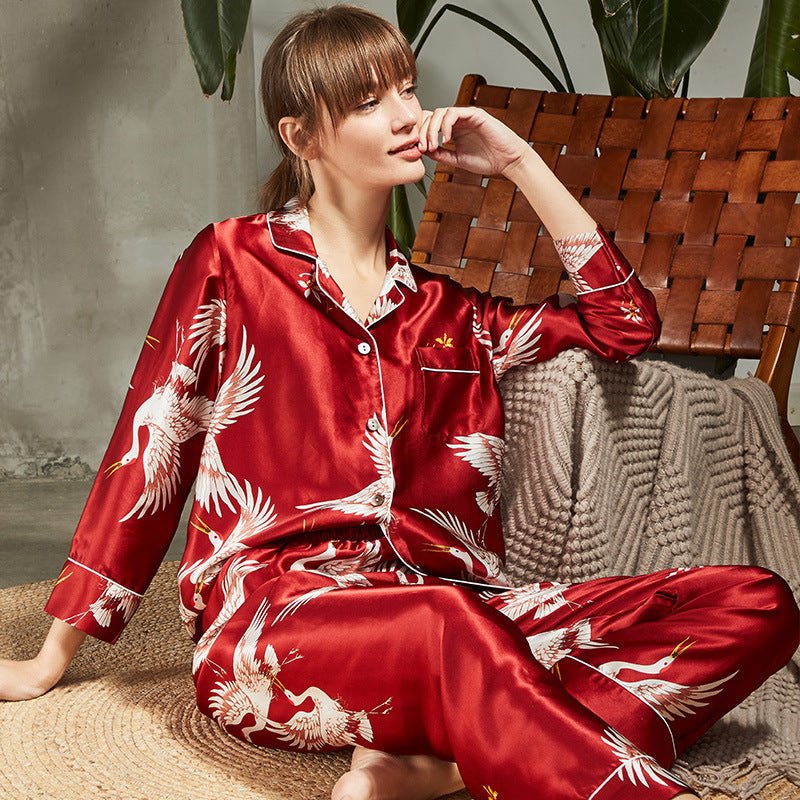 Ensemble de pyjamas en soie imprimés de luxe pour Couple, vêtements de nuit à manches longues, pyjamas assortis en soie