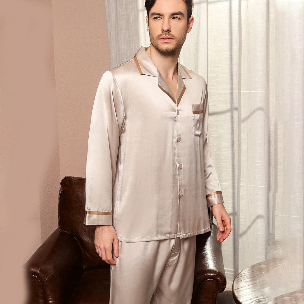 Ensemble classique de pyjamas en soie pour hommes, vêtements de nuit de luxe à manches longues en soie de 19mm