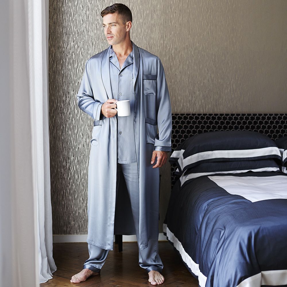 Ensemble pyjama et robe longue en soie pour hommes, ensemble de pyjama en soie pleine longueur