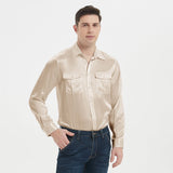 Chemise en soie pour hommes, haut à manches longues 100% soie avec deux poches plaquées