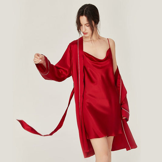 Ensemble chemise de nuit et Robe en soie de luxe pour femmes, chemise de nuit et Robe classiques en soie à manches longues