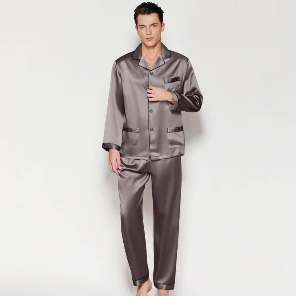 Men's Silk Long Pajamas Set with Pockets Silk Long Button-Down Pajamas Set - slipintosoft